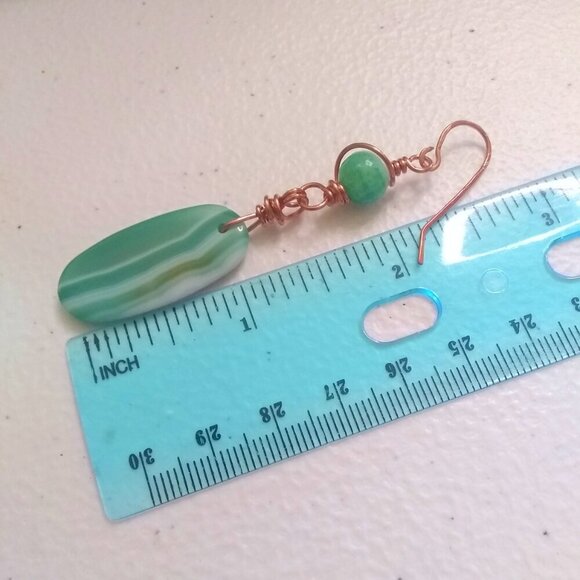 Banded Green Agate & Kiwi Jasper - Long Dangle Earrings - Copper Wire Earwires - Picture 9 of 10